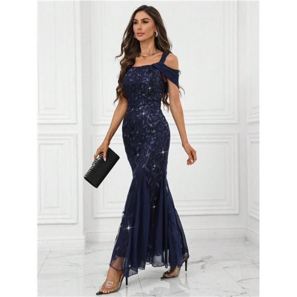 Long Sequin Mermaid Evening Dress, Formal Party Gown, Wedding Event - Picture 5 of 6